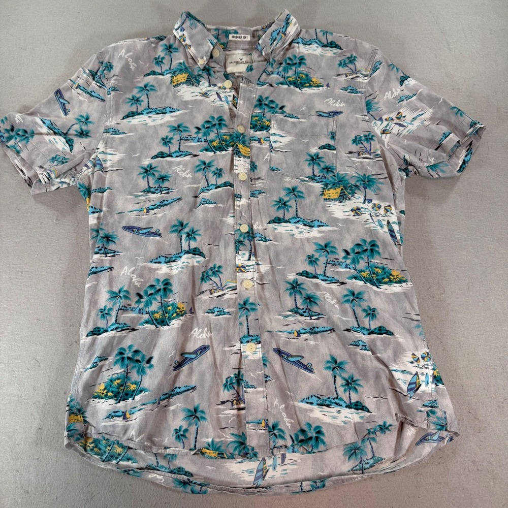 American Eagle Tropical Palm Print Shirt Gray Short Sleeve Mens Medium